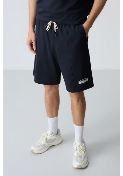 Lacivert Pamuklu Kalın Yumuşak Dokulu Oversize Fit Basic Erkek Şort Takım - 85259
