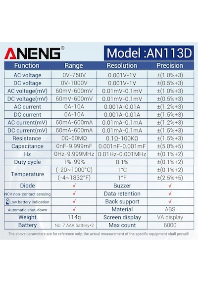 Aneng An113d Dijital Multimetre Akıllı Otomatik