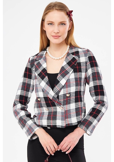 Armonika Kadın Kırmızı-siyah Kruvaze Yaka Tüvit Crop Ceket Arm-24k001014