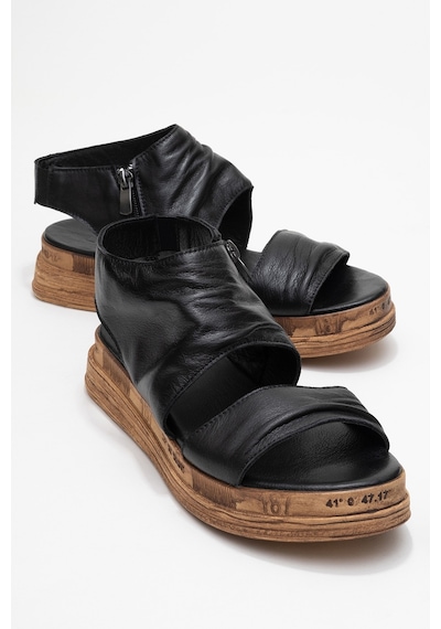 Luvishoes Luvi Shoes Lunas Siyah Hakiki Deri Yandan Fermuarlı Kadın Sandalet Siyah