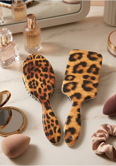 2li Şık Leopar Kaplamalı Saç Derisi Masaj Tarağı Yastıklı Saç Fırçası 21.7x7 Cm