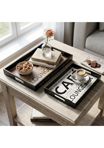 Deinhaus Dekoratif Servis Tepsisi Seti, Ahşap Desenli, Siyah Çerçeveli, 2'li Set, 35x25 Cm Ve 31x21 Cm, Mutfak Ve Cafe Temalı Çok Renkli