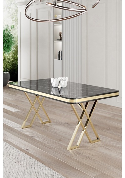 Canisa Rigel Serisi 80x130 Lak Panel Siyah Mermer Desen Masa Takımı Gold Ayaklı 4 Siyah Sandalye Masa Siyah Mermer Desen Sandalye Siyah