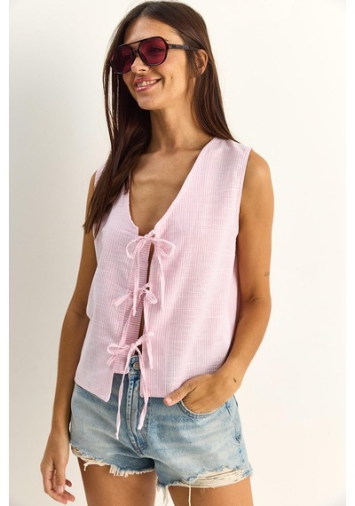 Shade Kadın %100 Pamuk Kalın Askılı Önden Bağlama Detaylı Çizgili Peplum Bluz 60282045 - Beyaz-pembe Çok Renkli
