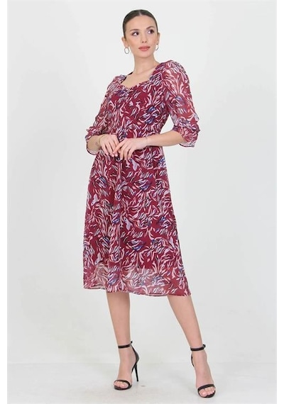 Dip Moda Kadın Kalp Yaka Desenli Şifon Elbise Dpry0030 Bordo