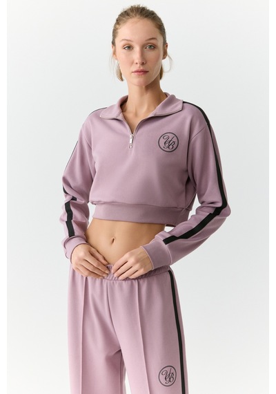 Urban Beat Helena Kadın Dik Yakalı Fermuarlı Küçük Baskı Motifli Crop Gül Kurusu Sweatshirt Gülkurusu
