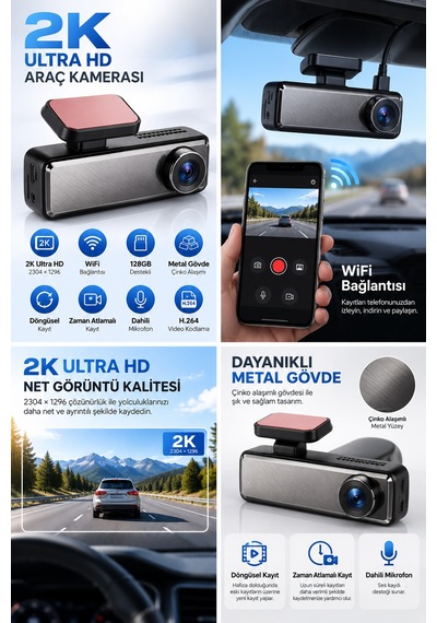 2k Ultra Hd Wifi Araç Kamerası G-sensörlü, Metal Gövde, 128 Gb Destekli-15118