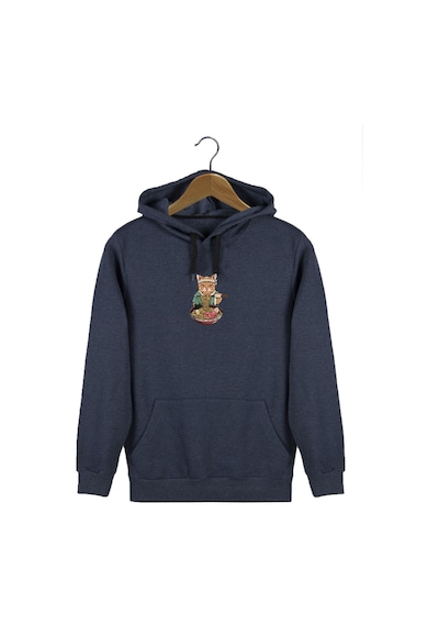Unisex İndigo Kapüşonlu Önü Şef Kedi Baskılı Slim Fit Kanguru Cepli Sweatshirt Indigo