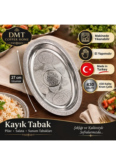 430 Kalite Krom Çelik 1 Adet İşlemeli Kayık Tabak 27 Cm El Yapımı Pilav Ve Salata Sunum Tabağı