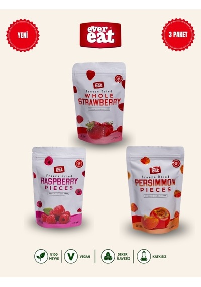 Evereat Çilek-frambuaz-cennet Hurması Freeze Dry Meyve Cipsi 3'lü Paket Doğal Atıştırmalık 1 Adet