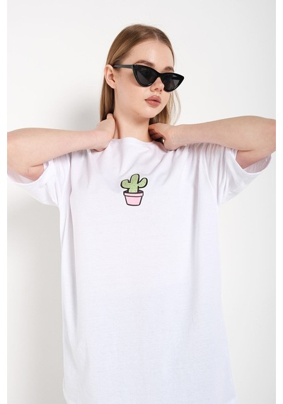 Flood Of Style Kadın Beyaz Cactus Logo Baskılı Oversize T-shirt