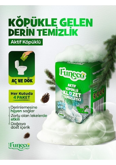 Funeco Klozet Tuvalet Wc Temizleyici, Aktif Köpüklü, 1 Kutu, 4 Paket 300g, Ekolojik Doğa Dostu, Çam