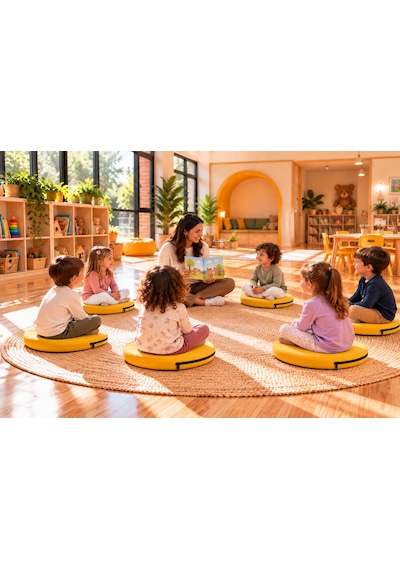 Kreş Anaokulu Yuvarlak Oyun Minderi Aktivite Minderi 40x40x5 Cm - Sandalye Minderi - Bahçe Dekor Minderi Yuvarlak Minder Sarı