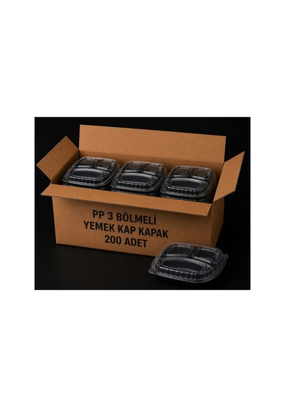 3 Bölmeli Yemek Kabı Ve Kapak 200 Adet Tek Kullanımlık Plastik Yemek Kabı - 913479503