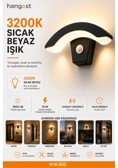 Sensörlü Yarım Ay Led Aplik 24w 1800 Lm 3200k Sıcak Beyaz Hareket Sensörlü Duvar Lambası Siyah