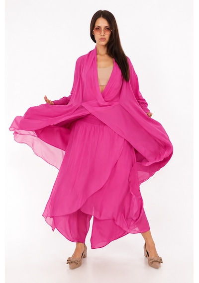 Bohem Stil Italyan Ipek Detaylı Oversize Sonsuzluk Kaftan Bluz- Asimetrik Pantolon Takım Fuşya Bohem Stil Italyan Ipek Detaylı Oversize Sonsuzluk Kaftan Bluz- Asimetrik Pantolon Takım Fuşya