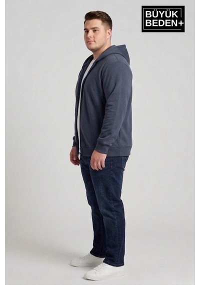 Süperlife Erkek Büyük Beden Fermuarlı Kapüşonlu İnce Sweatshirt Hırka - Rahat Kalıp Spr26bhr960 Indigo