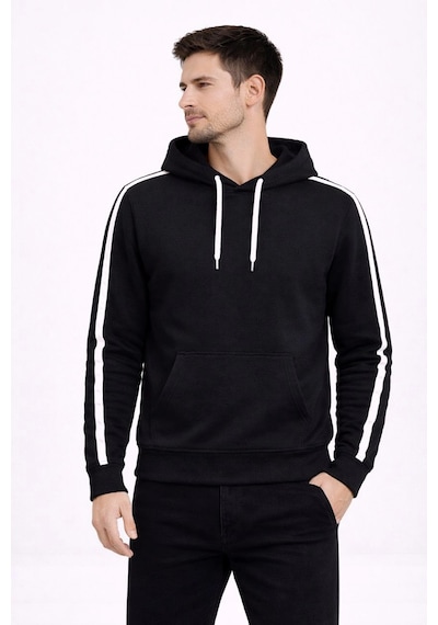 Barlashive Erkek Şeritli Kapüşonlu Sweatshirt Oversize 3 İplik Pamuklu Hoodei - Siyah Çok Renkli