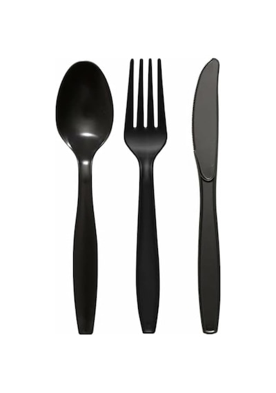 Plastik Lüks Çatal-kaşık- Bıçak 3 Lü Siyah Siyah Set 100 Lü Genel