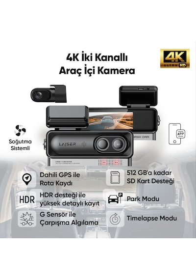 Laiser Alpha 1 4k Araç İçi Kamera 2 Kanallı Sony Imx678 Gps + Wi-fi + Park Modu Ön-arka
