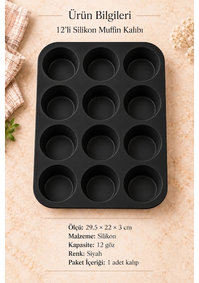 Tilbe Home Tilbe Home 12'li Silikon Muffin Kalıbı Yapışmaz Cupcake Kek Kapsül Brownie Mutfak Fırın T Siyah