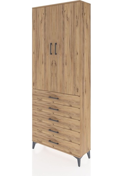 Arges Dolap 2 Raflı 5 Çekmeceli Tek Askılı 88x30x221 Çam-çam Çam