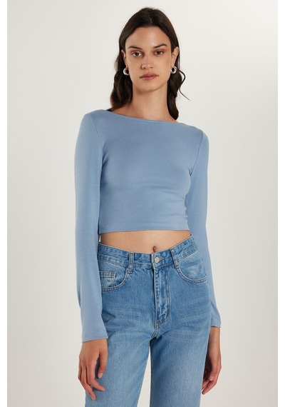 Tudors Kadın Slim Fit Dar Kesim Modal Kumaş Uzun Kollu Bisiklet Yaka Açık Mavi Bluz-34625 Açık Mavi