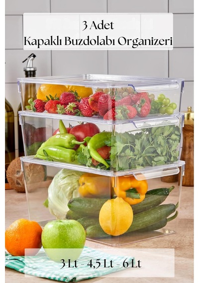 3 Lü Buzdolabı Organizeri Mıx Set 3 Lt + 4,5 Lt + 6 Lt Şeffaf