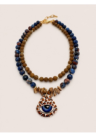 El Yapımı Kahverengi Jasper & Lapis Lazuli Doğal Taş İkili Kolye Seti Mavi - Kahverengi