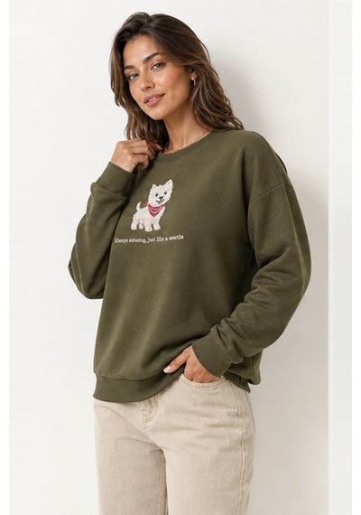 Fashion Friends Nakışlı Haki Kadın Sweatshirt 26k0030k1