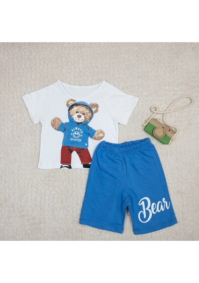 Momikon Erkek Çocuk Teddy Baskılı Pamuklu Takım Beyaz