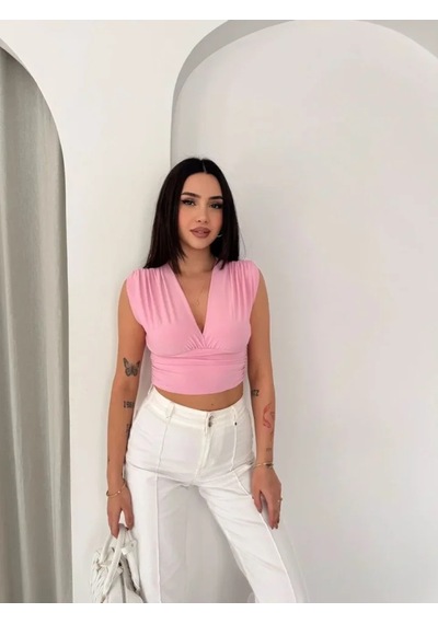 Hazego Vatkalı Kolsuz V Yaka Drapeli Crop Bluz Likralı Fit - Pembe