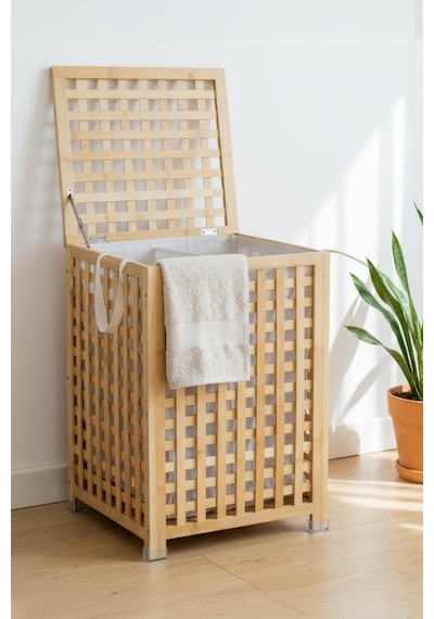 Digithome Bambu Bölmeli Çamaşır Sepeti 62x45 Cm Kulplu Taşınabilir Bezli Kahverengi