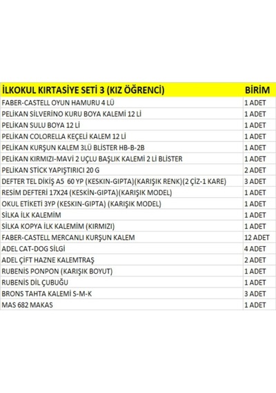 İlkokul Kırtasiye Seti 3 Kız Öğrenci
