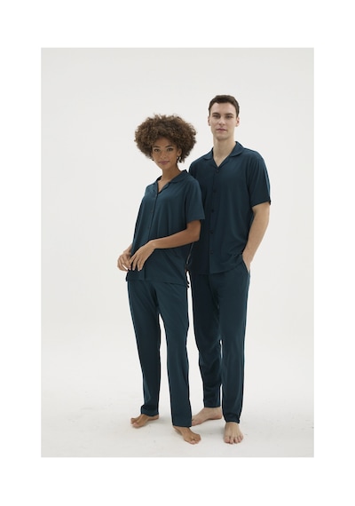 Angbutik Kocabey Kkt-26150k Kadın Apaj Yaka Boydan Düğmeli Pijama Takımı Petrol