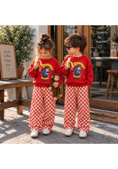 Go Bananas Baskılı Sweatshirt Muz Desenli Eşofman Kız & Erkek Çocuk 3ip Alt Üst Takım Kırmızı Go Bananas Baskılı Sweatshirt Muz Desenli Eşofman Kız & Erkek Çocuk 3ip Alt Üst Takım Kırmızı