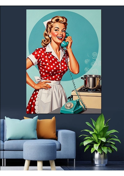 Telefonda Konuşan Retro Kadın Dekoratif Kanvas - Mdf Ahşap Tablo