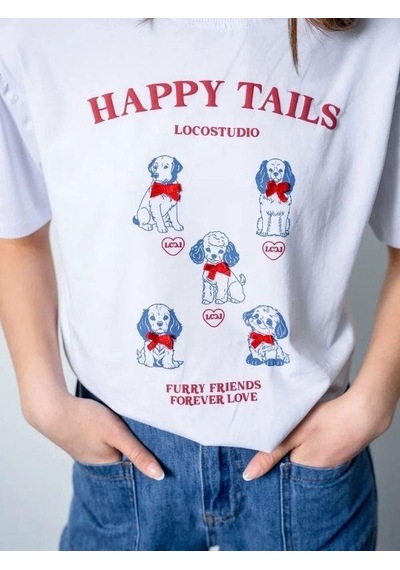 Zekids Kız Çocuk Oversize Köpek Baskılı Tasarım T-shirt-15806 Beyaz