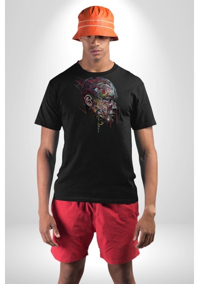 İnsan Kafası Sulu Boya Unisex Unisex Siyah Organik Baskılı T-shirt Penye Yüksek Kalite Siyah