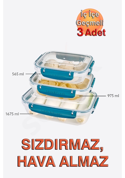 Lock&fresh Master Dikdörtgen Saklama Kabı 565,975,1675 Ml Üçlü Set Mavi