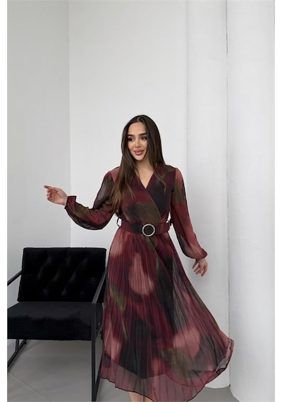 Neşeli Butik Kadın Bordo Beli Kemerli Piliseli Kruvaze Yaka Şifon Elbise Nbelb03 Bordo