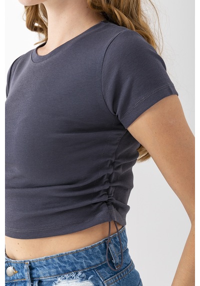 Giysa Kadın Bisiklet Yaka Yanı Stoperli Crop T-shirt Füme - 25514 Füme