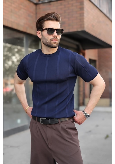 Madmext Lacivert Regular Fit Bisiklet Yaka Fitilli Triko Erkek Tişört E7490