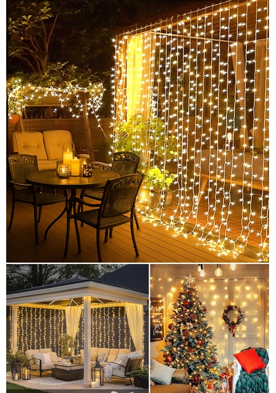 3x3 Metre 300 Led Usb Perde Led Kumandalı 8 Modlu Gün Işığı Dekoratif Peri Işığı Sarı