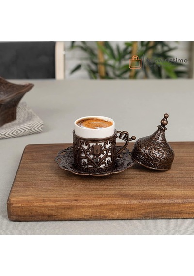 1 Adet Türk Yunan Arap Kahvesi Espresso Fincanı Tabağı Lale Antik Bakır Beyaz - Çok Renkli