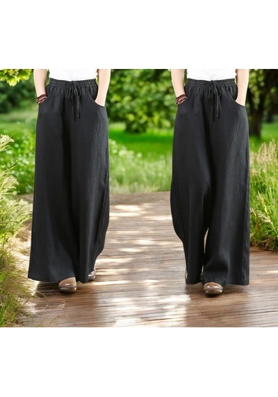 Yazlık Beli Lastikli Şık Keten Pantolon siyah
