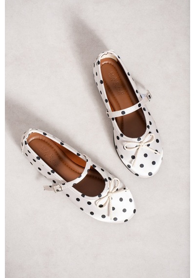 Dabab Shoes Penelop Kadın Krem Saten Puantiyeli Fiyonk Detaylı Ayarlanabilir Tokalı Ortopedik Taban Mary Jane Babet Ayakkabı