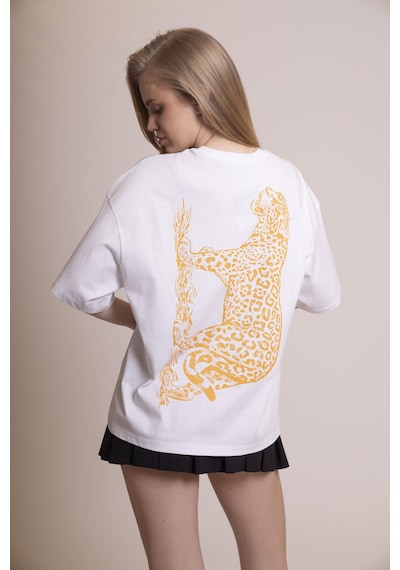 Afloow Muse Oversize Beyaz Tişört %100 Pamuk Ön Leopar A Harfi Detaylı, Sırtı Büyük Leopar Baskılı, Rahat Ve Şık Tasarım Unisex Günlük T-shirt Beyaz