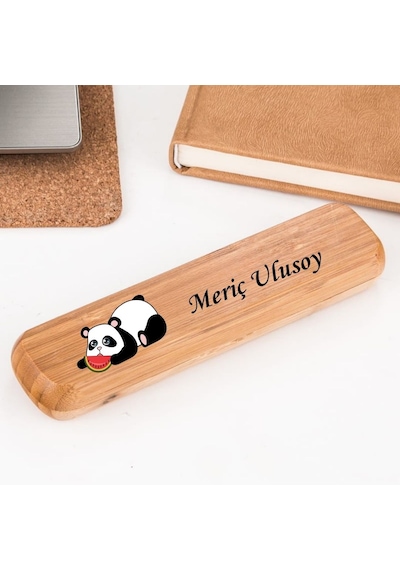 Kişiye Özel Panda Tasarım Kutulu İsim Yazılı Bambu Kalem Seti
