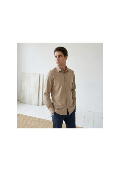 Yusaytr Slim Fit Uzun Kollu Pamuklu Gizli Düğme Yakalı Oxford Gömlek Açık Kahve Açık Kahve